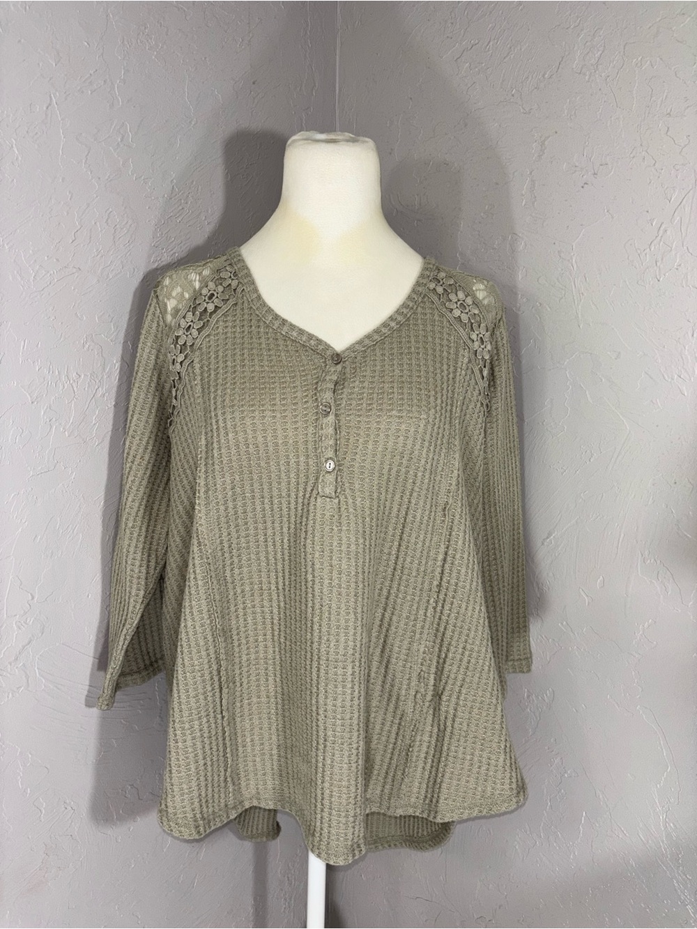 Absolutely Famous Olive Waffle-Knit Lace Shoulder Henley
